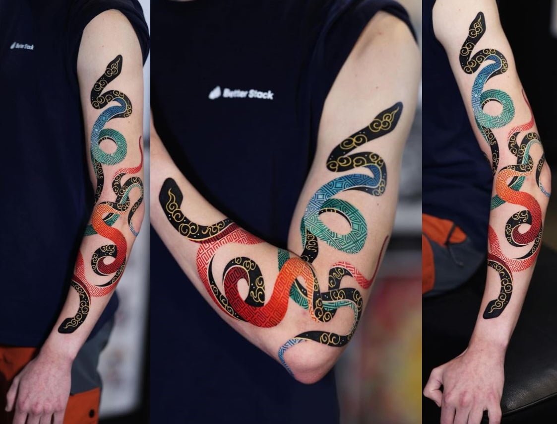 Multicolored snakes on a tattoo on your sleeve