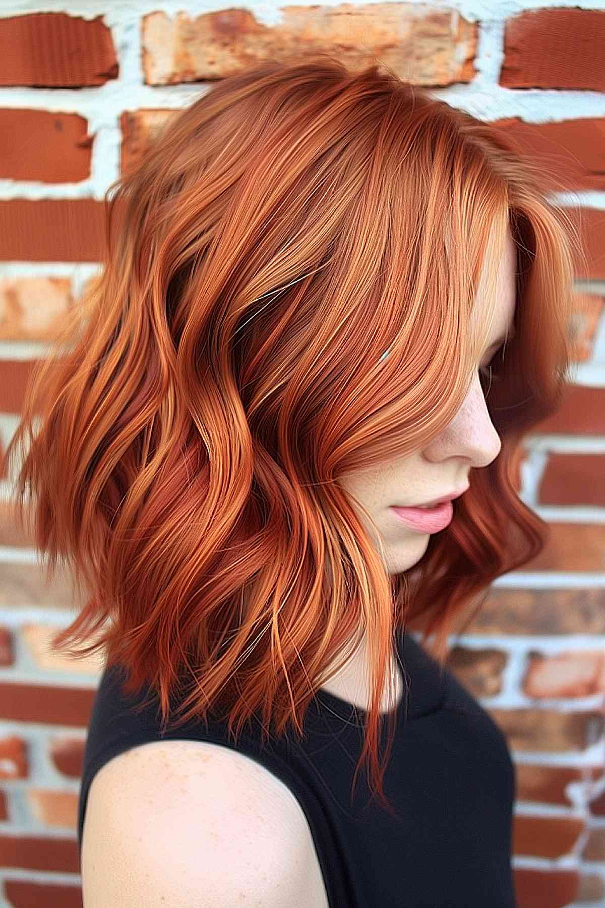 Ginger beer copper mid-length hair with textured waves