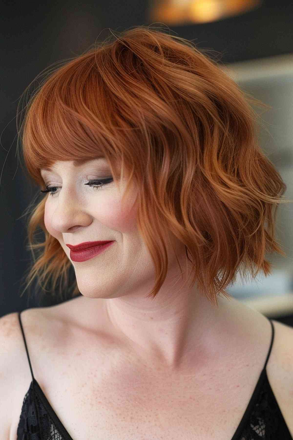 Short, chic cut of copper hair with ginger