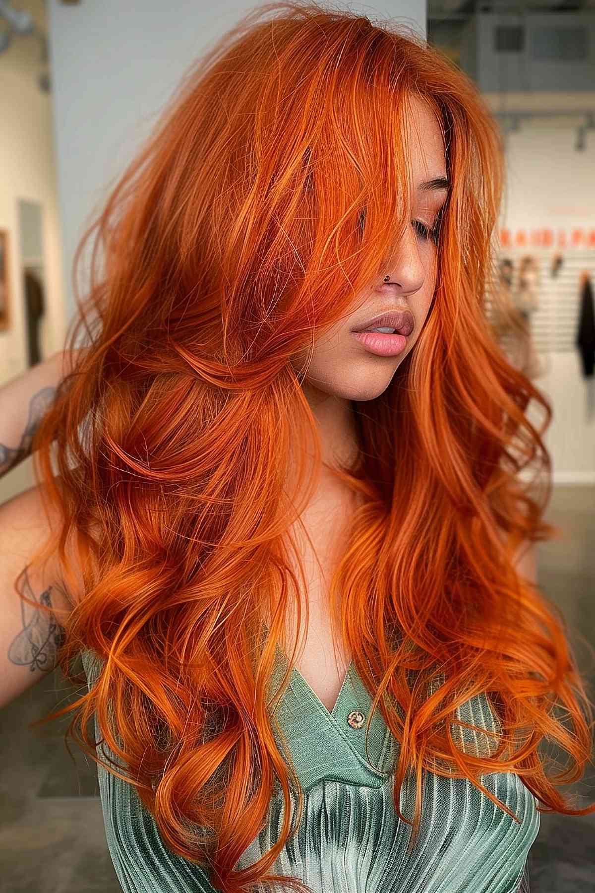 Vibrant copper ginger waves on thick hair