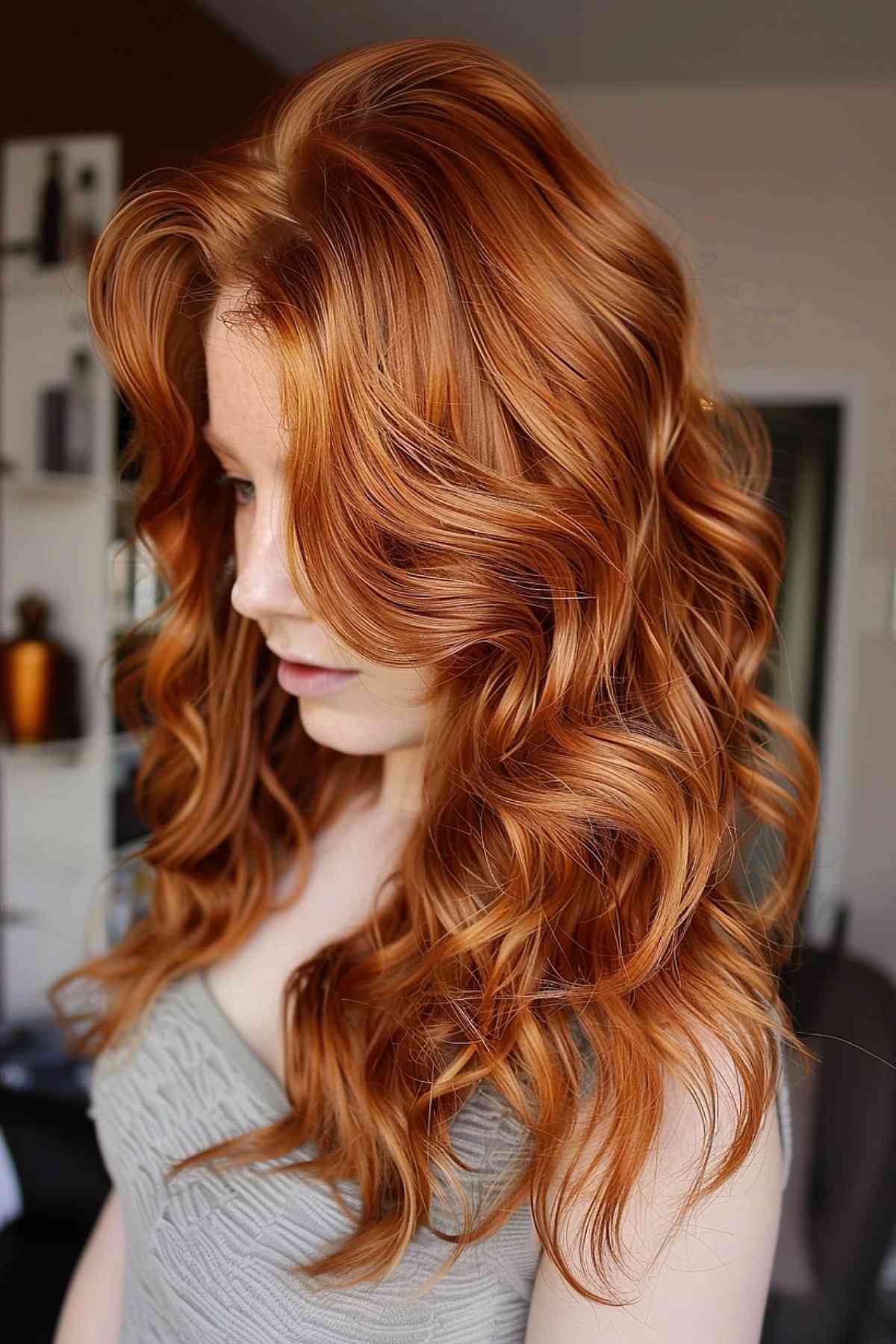 Long, wavy hair in vivid ginger copper color