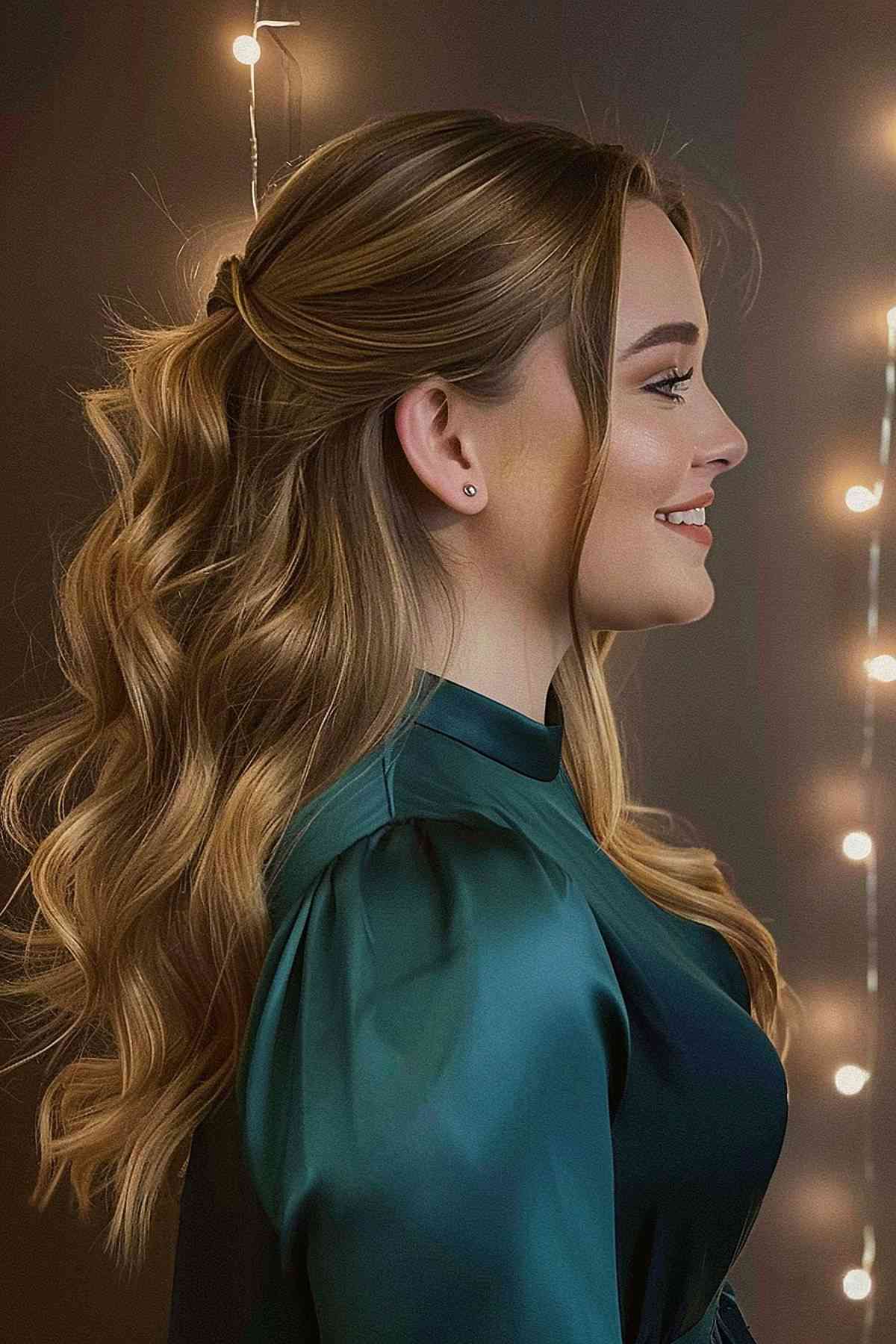 A sleek half ponytail with voluminous waves for an elegant gala hairstyle.