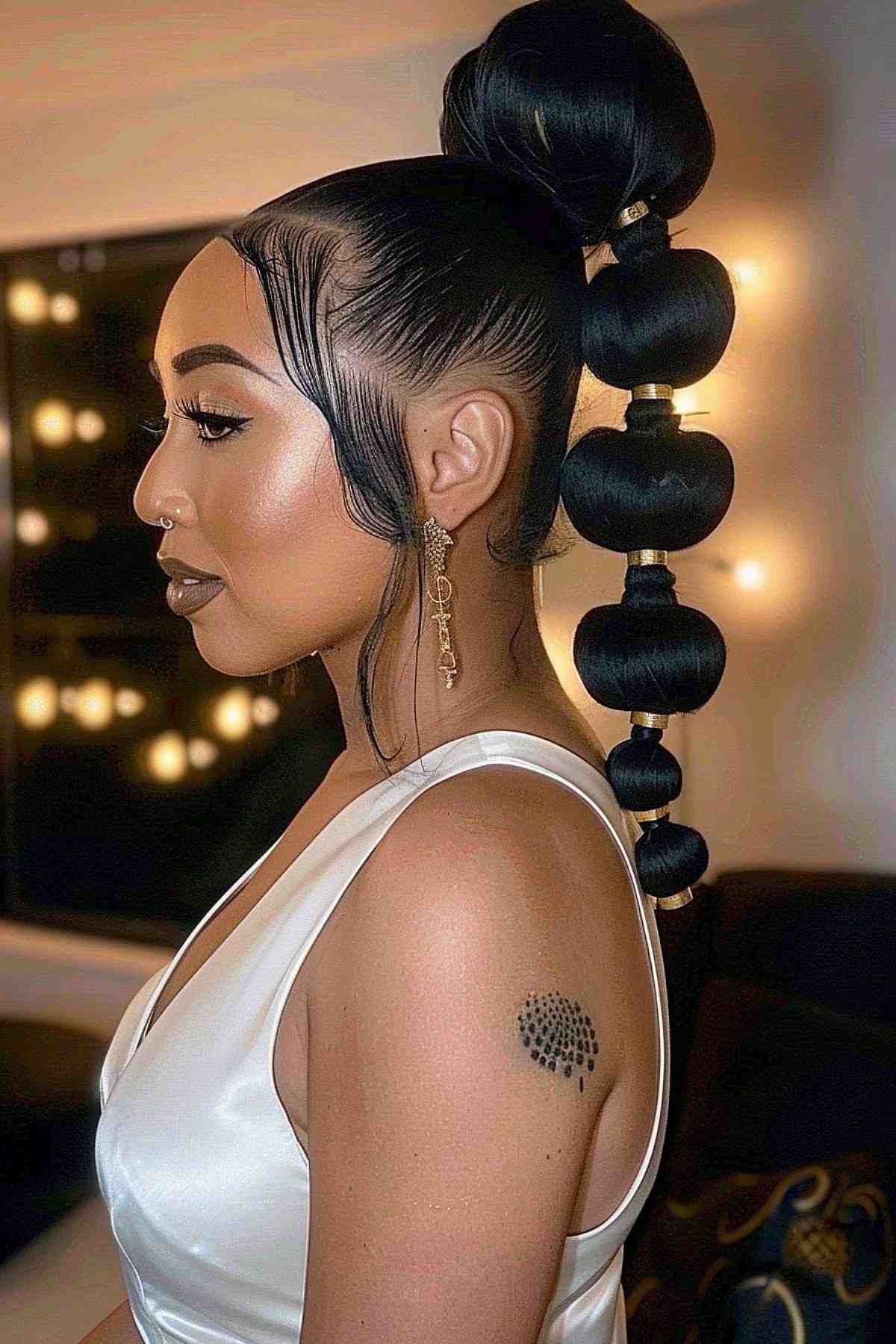 Avant-garde ponytail for a high-impact gala hairstyle.