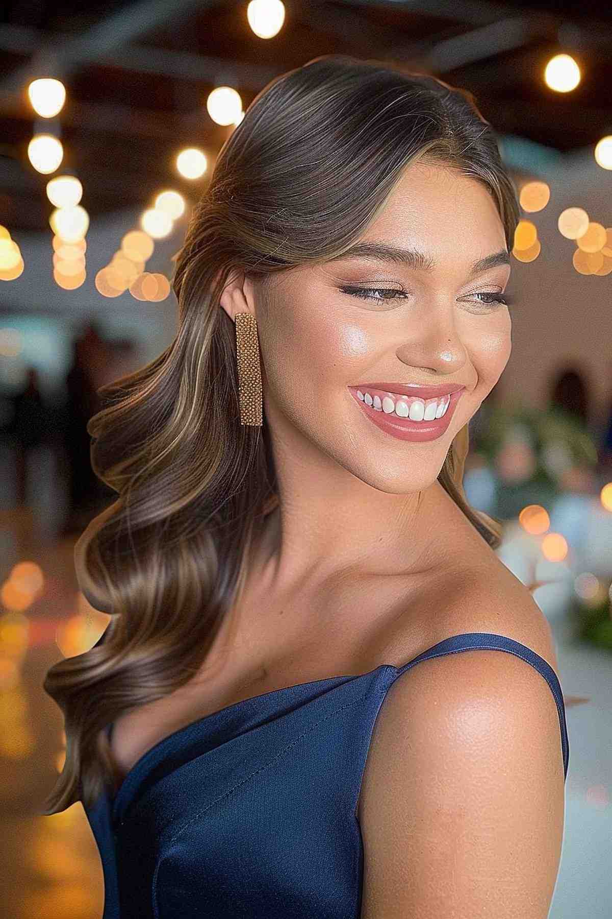 Shiny waves with a side parting for a glamorous gala hairstyle.