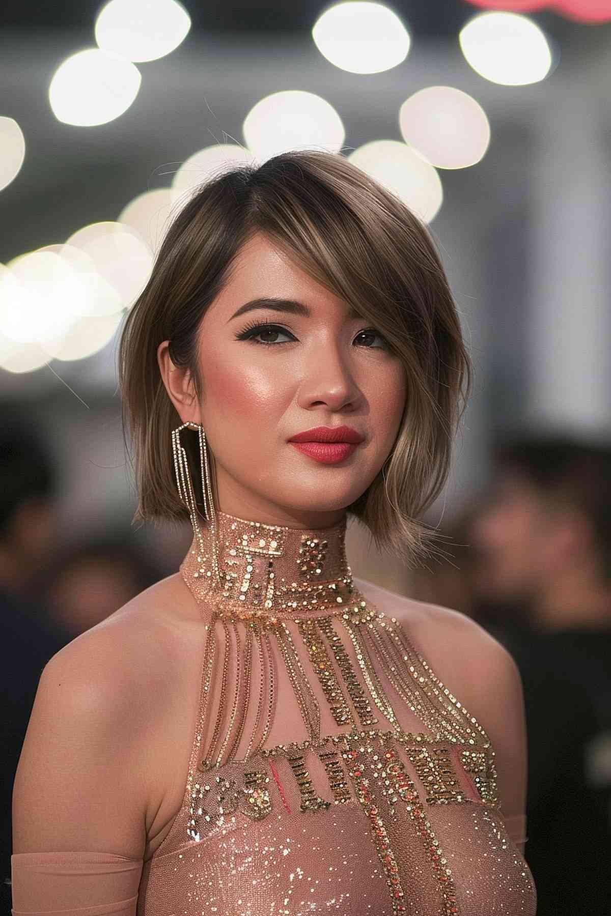 Woman with a modern short cut and side bangs for gala elegance.