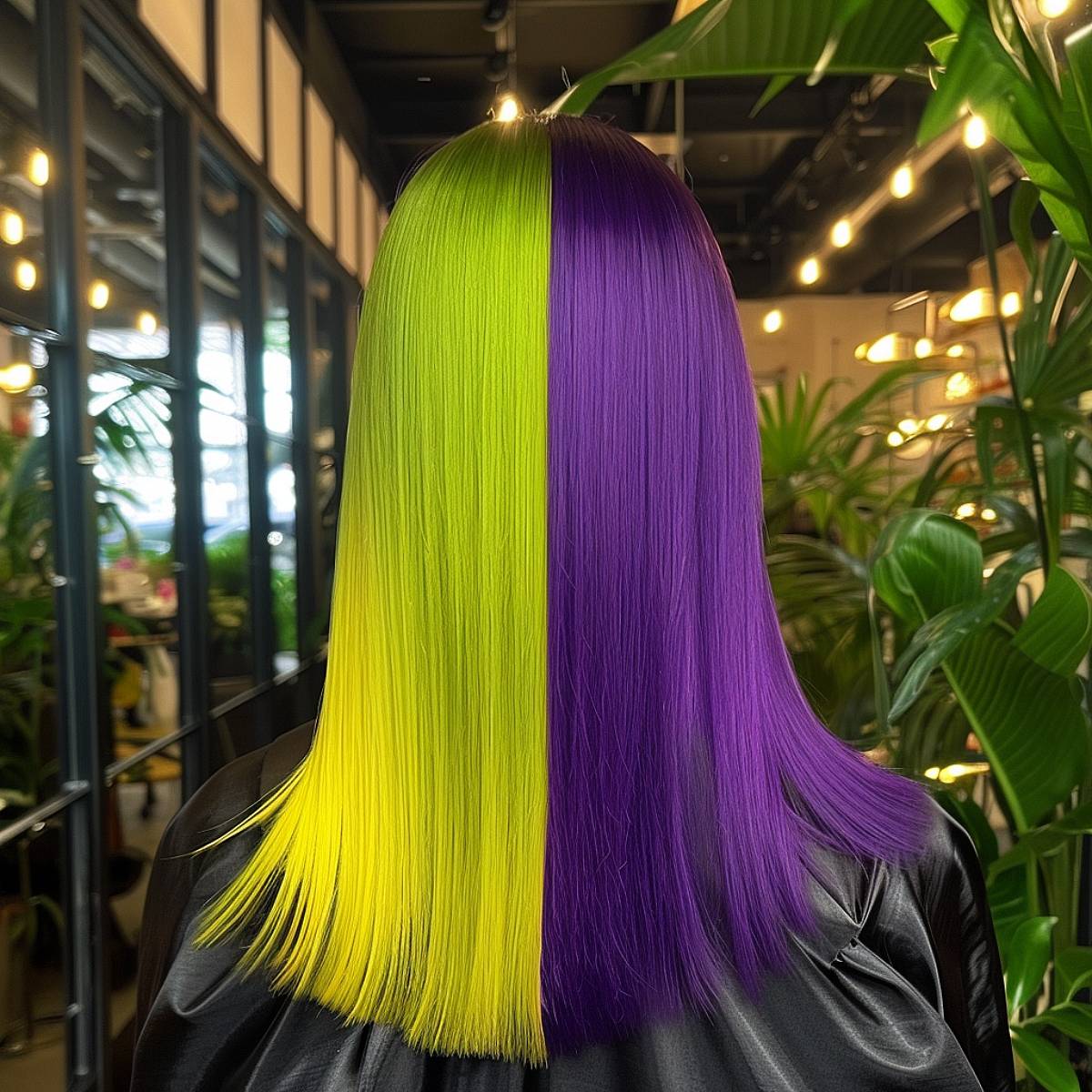 Straight, sleek hair with a Gemini-inspired transition from vibrant green to royal purple.