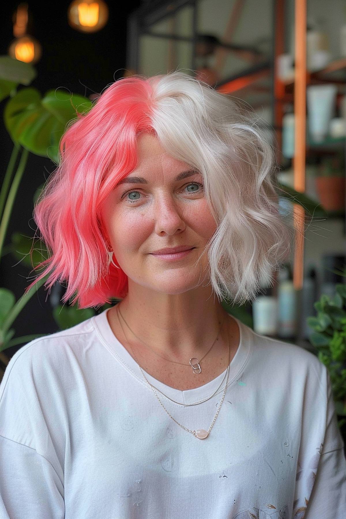 Short, wavy hair in coral pink and platinum tones, for a sophisticated yet playful look for women over 40.