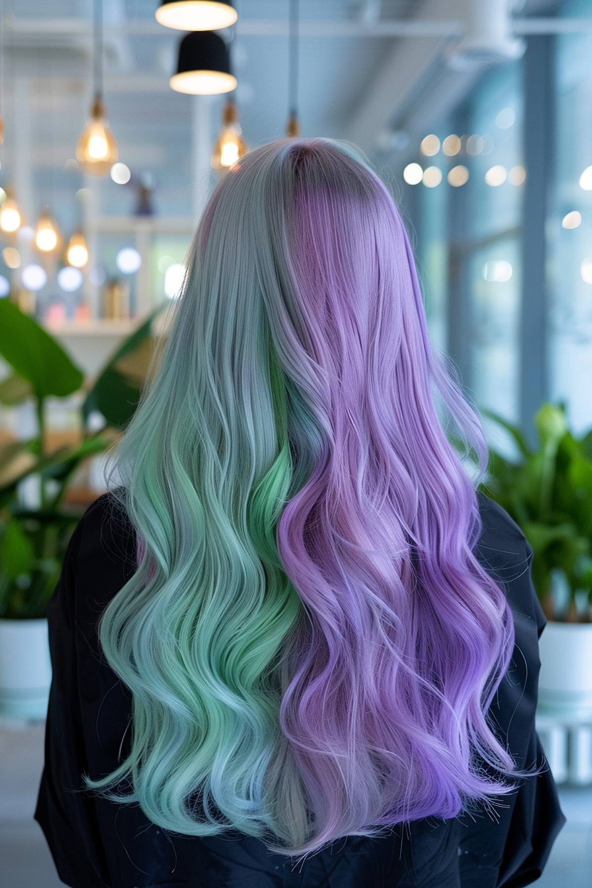 Long, wavy hair with a mix of pastel green, lilac and blue, embodying the versatile, experimental nature of Gemini.