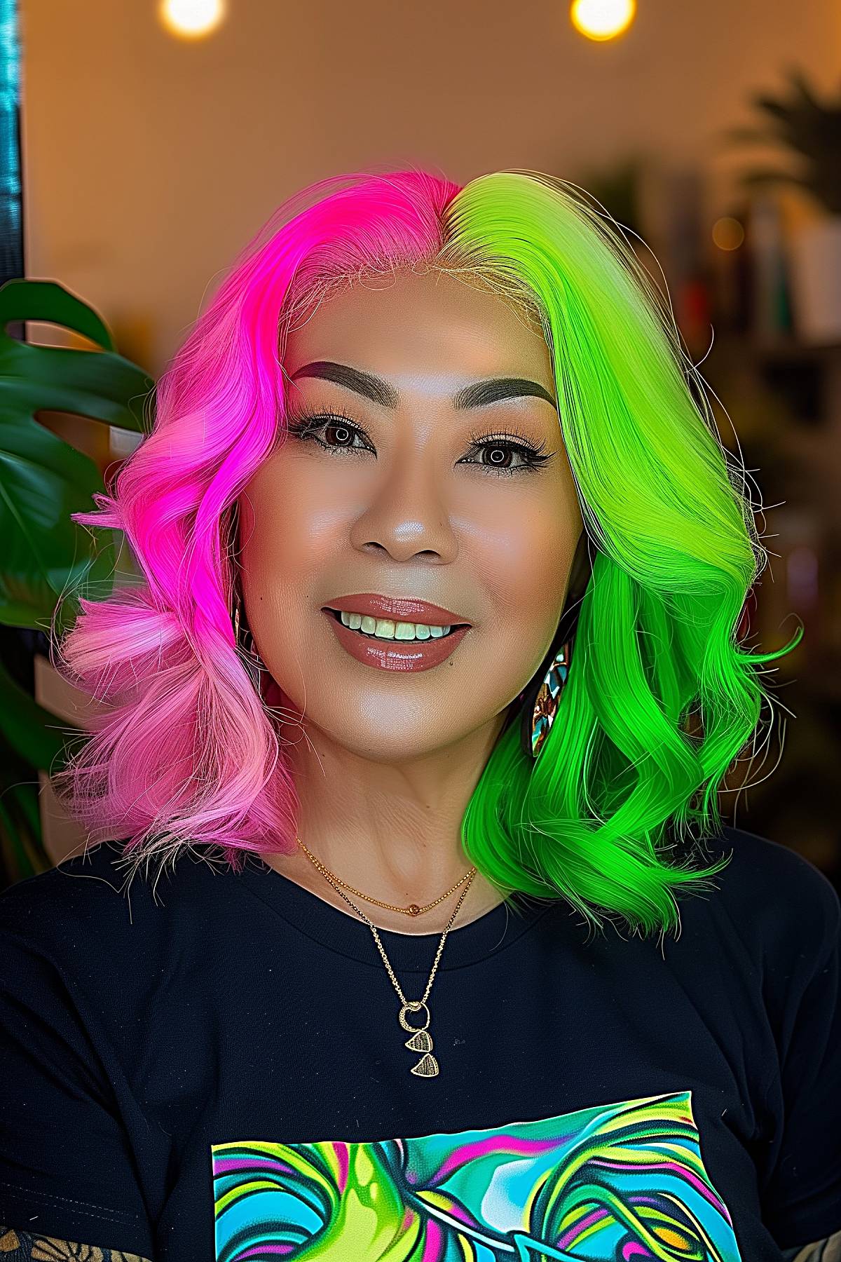 Short, curly hair with a bold contrast of bright pink and electric green, reflecting the lively Gemini spirit.