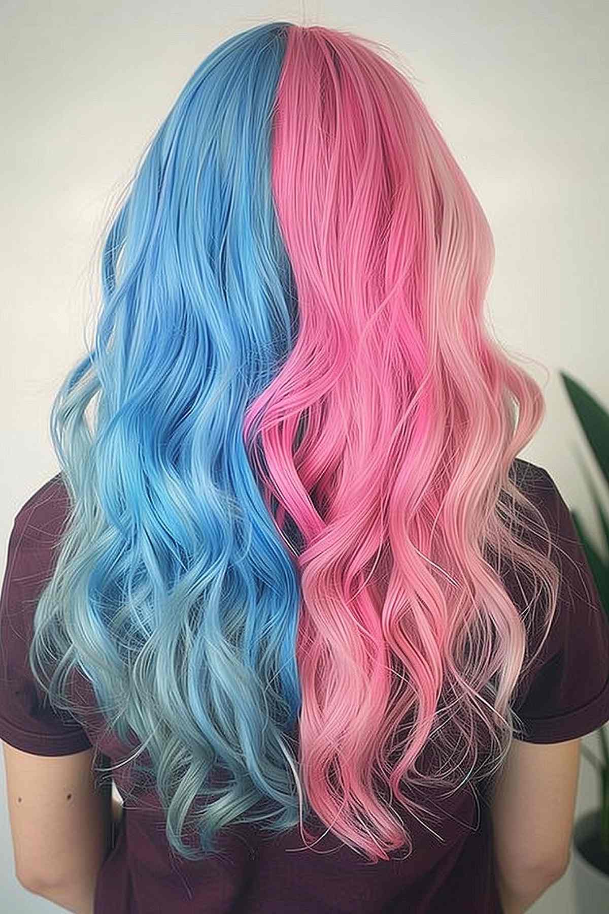 Wavy mid-back hair in pastel blue and pink, embodying a whimsical, airy Gemini-inspired style.