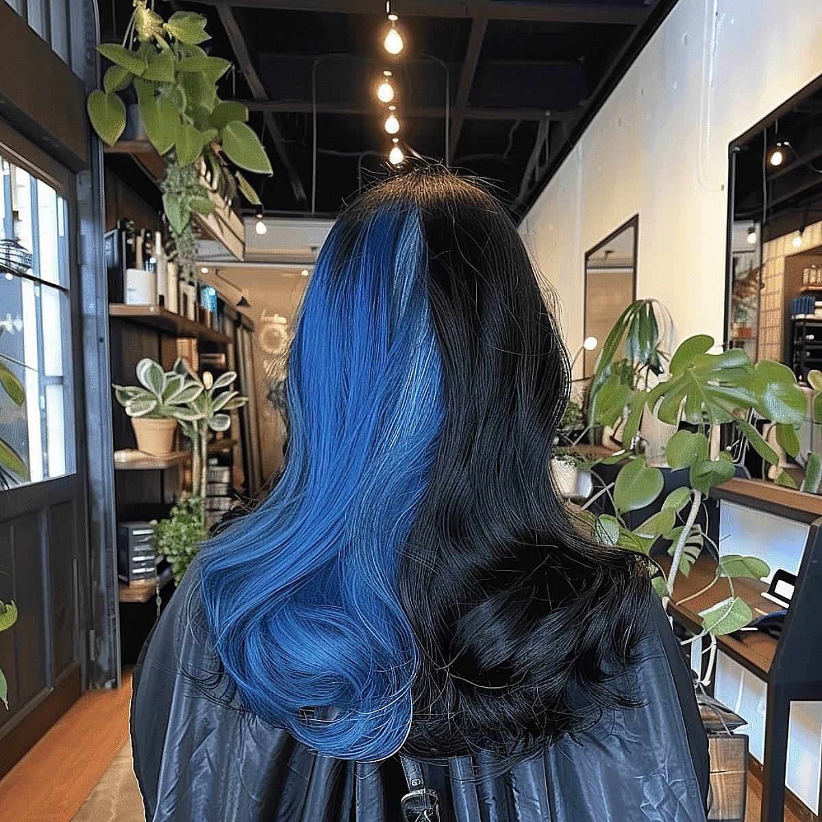 Long black hair transforms into a deep blue, evoking the mysterious beauty of the night sky.