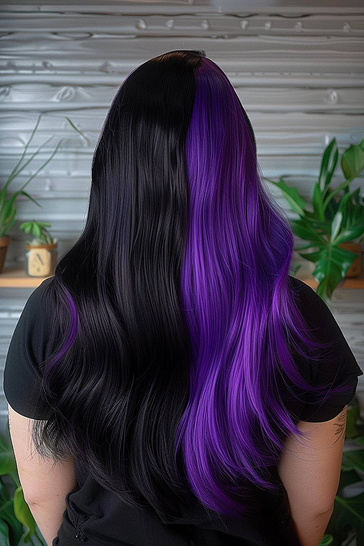 Long, wavy hair with a bold transition from sleek black to vibrant purple, perfect for a bold Gemini statement.