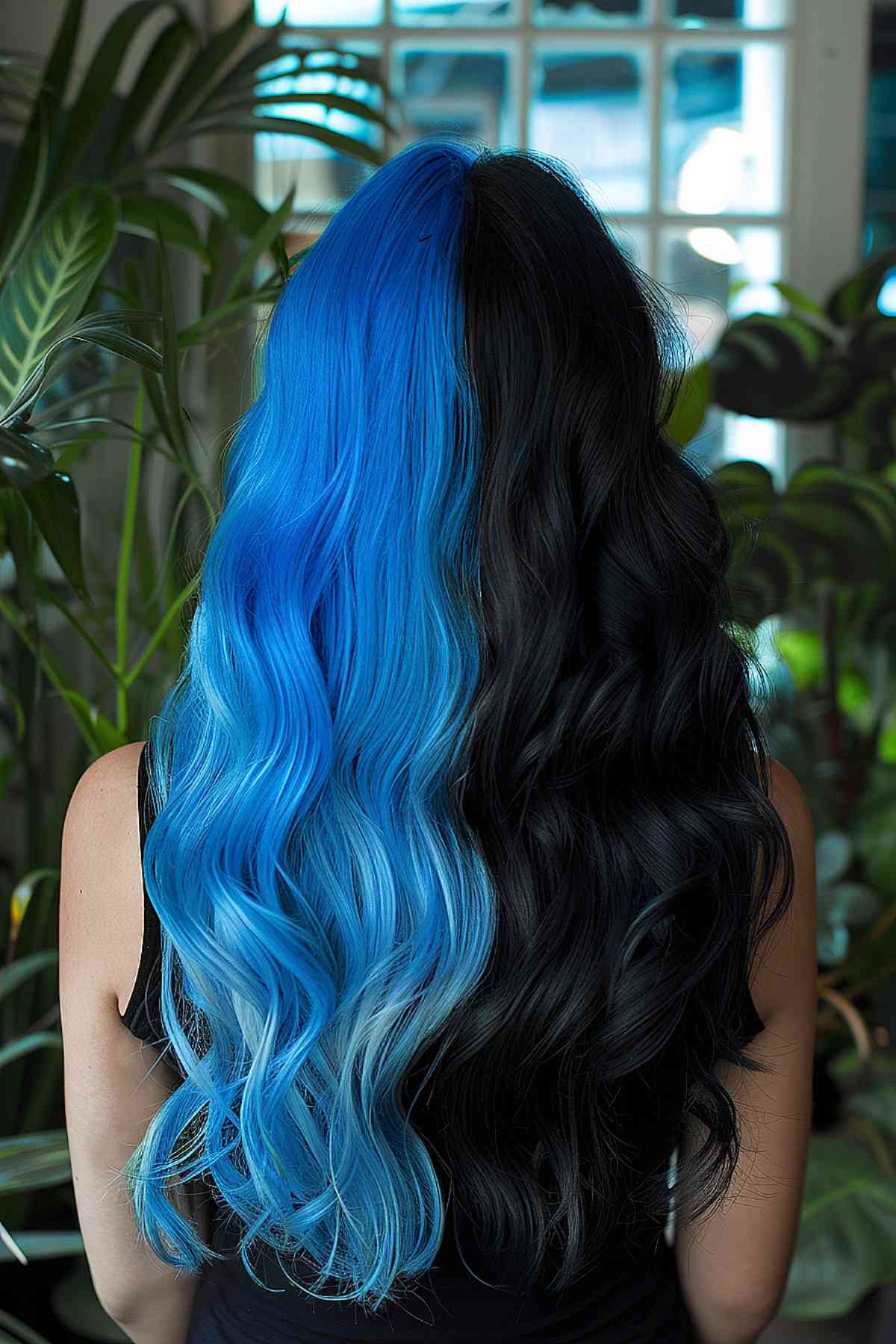 Long, wavy hair ranging from black to electric blue, reflecting Gemini's adventurous and contrasting nature.