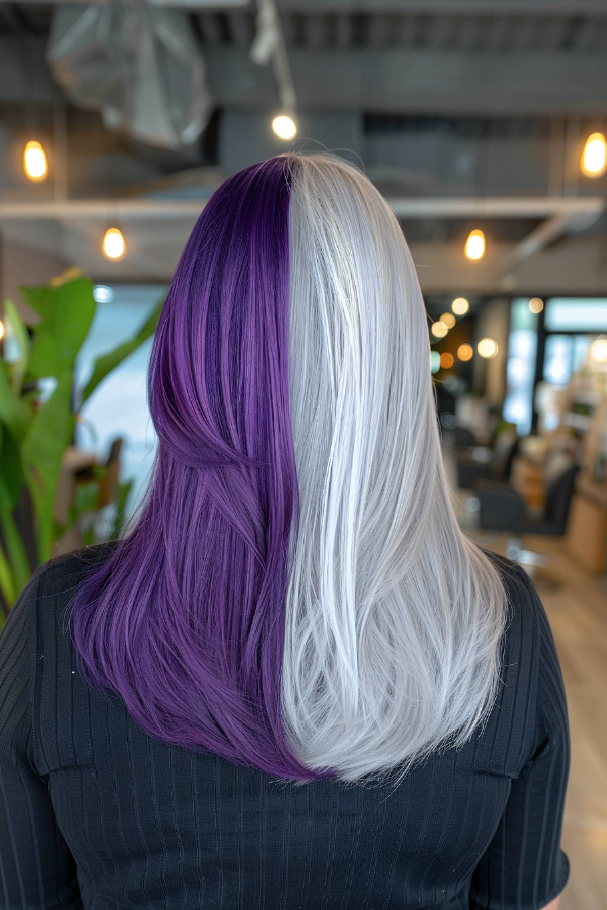 Long, straight hair with a mix of icy silver and deep purple, ideal for a modern Gemini-inspired hairstyle.