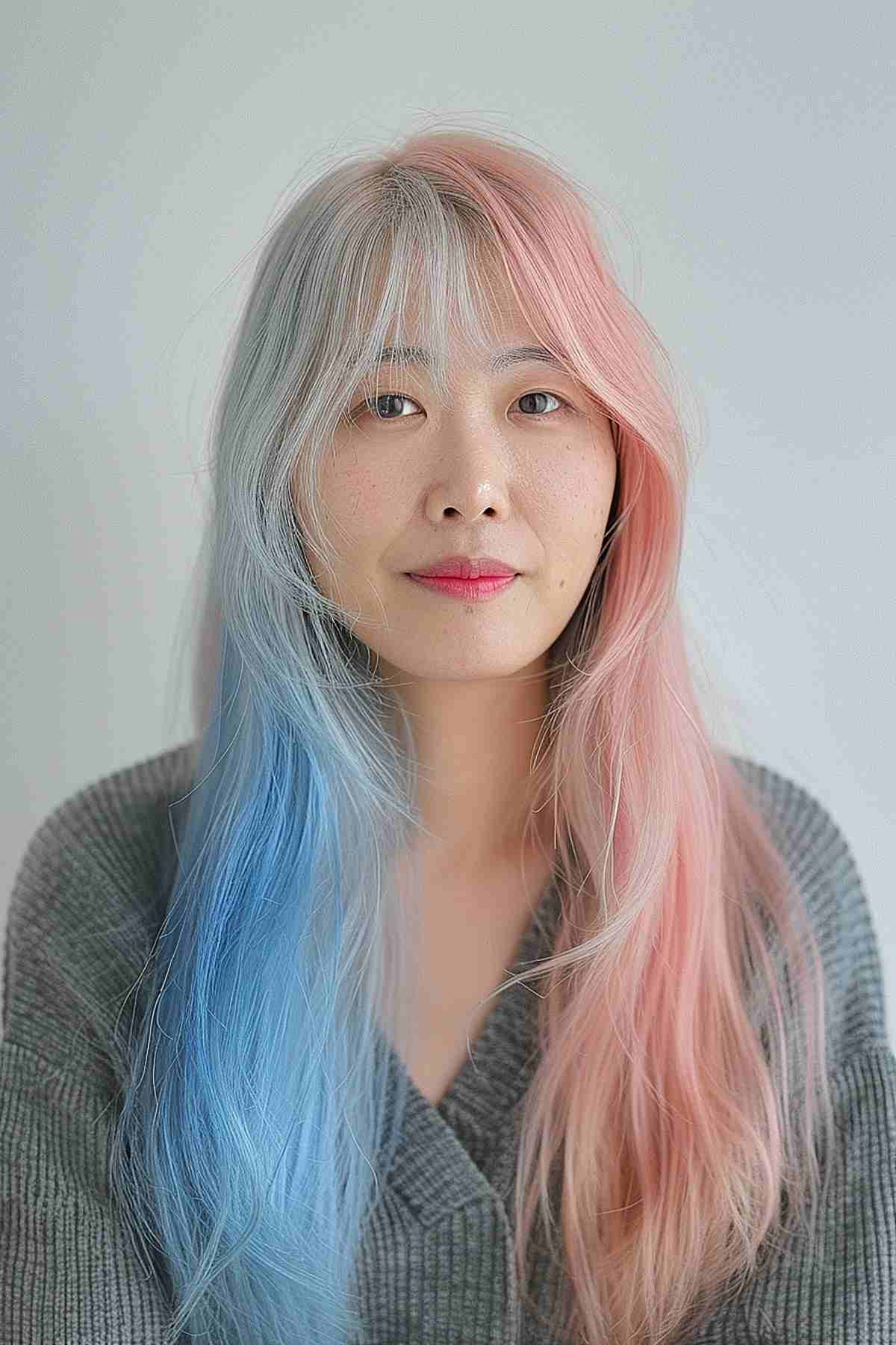 Wavy mid-length hair with pastel pinks and blues, capturing the playful essence of Gemini.