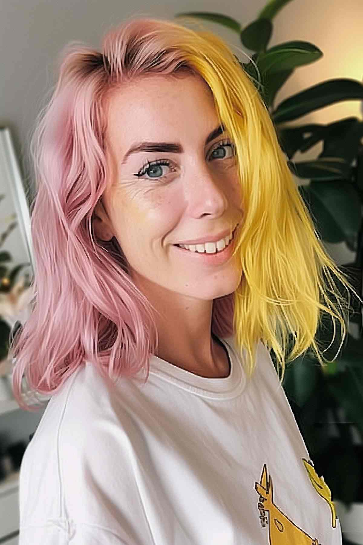 Short, tousled hair with yellow and pink highlights over natural blonde, for a playful Gemini-inspired look.