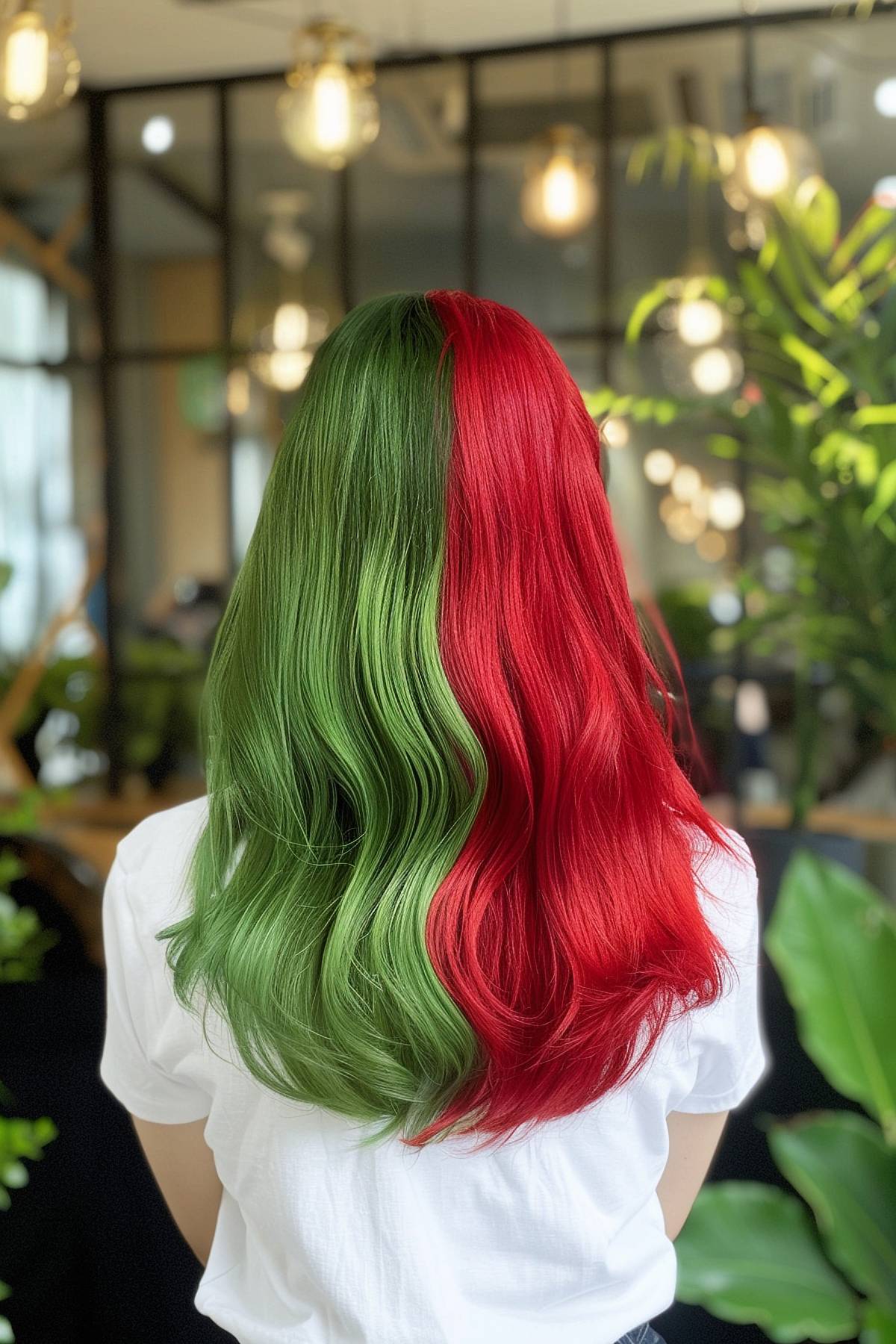 Long, wavy hair with a bold color inspired by red and green apple, reflecting the fiery, energetic spirit of Gemini.