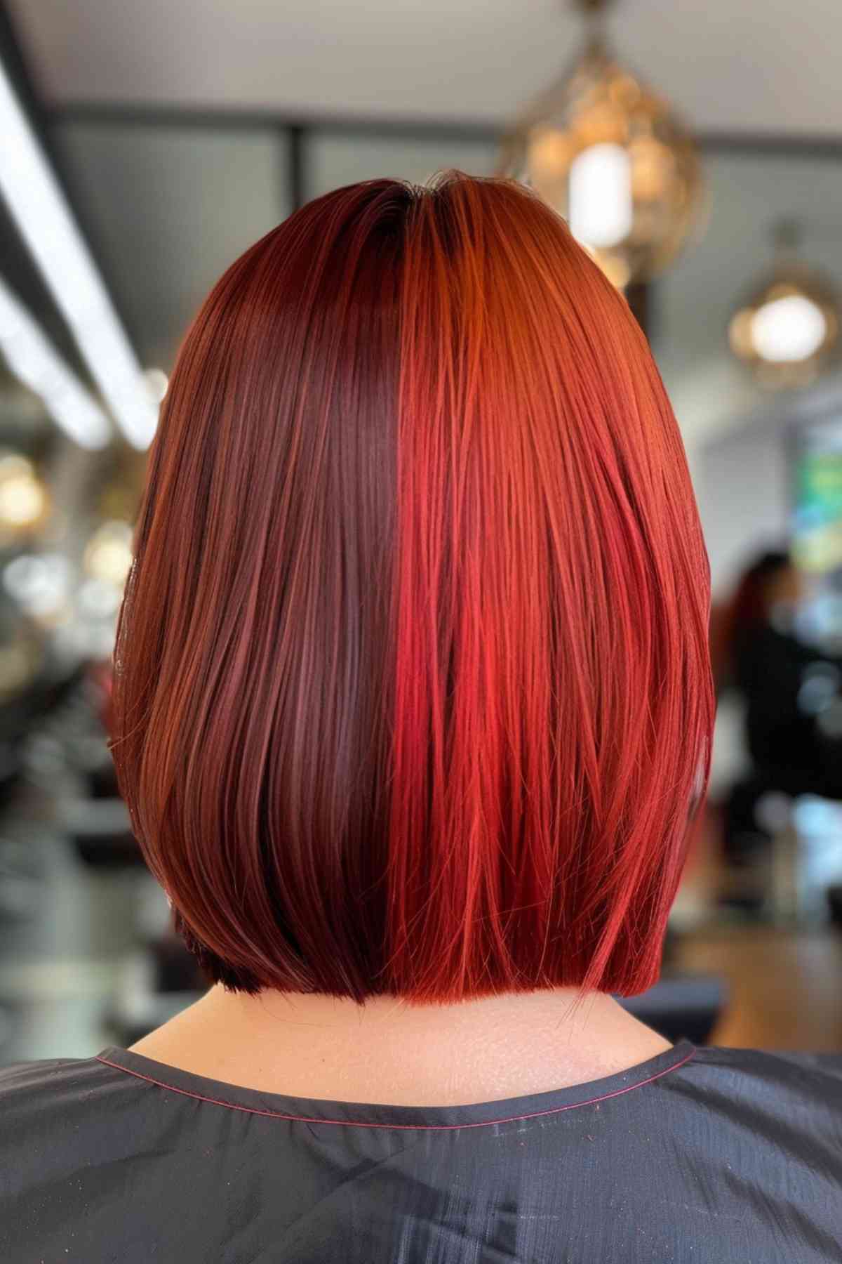 A short bob with a dynamic blend of crimson and auburn, perfect for low maintenance but high impact.