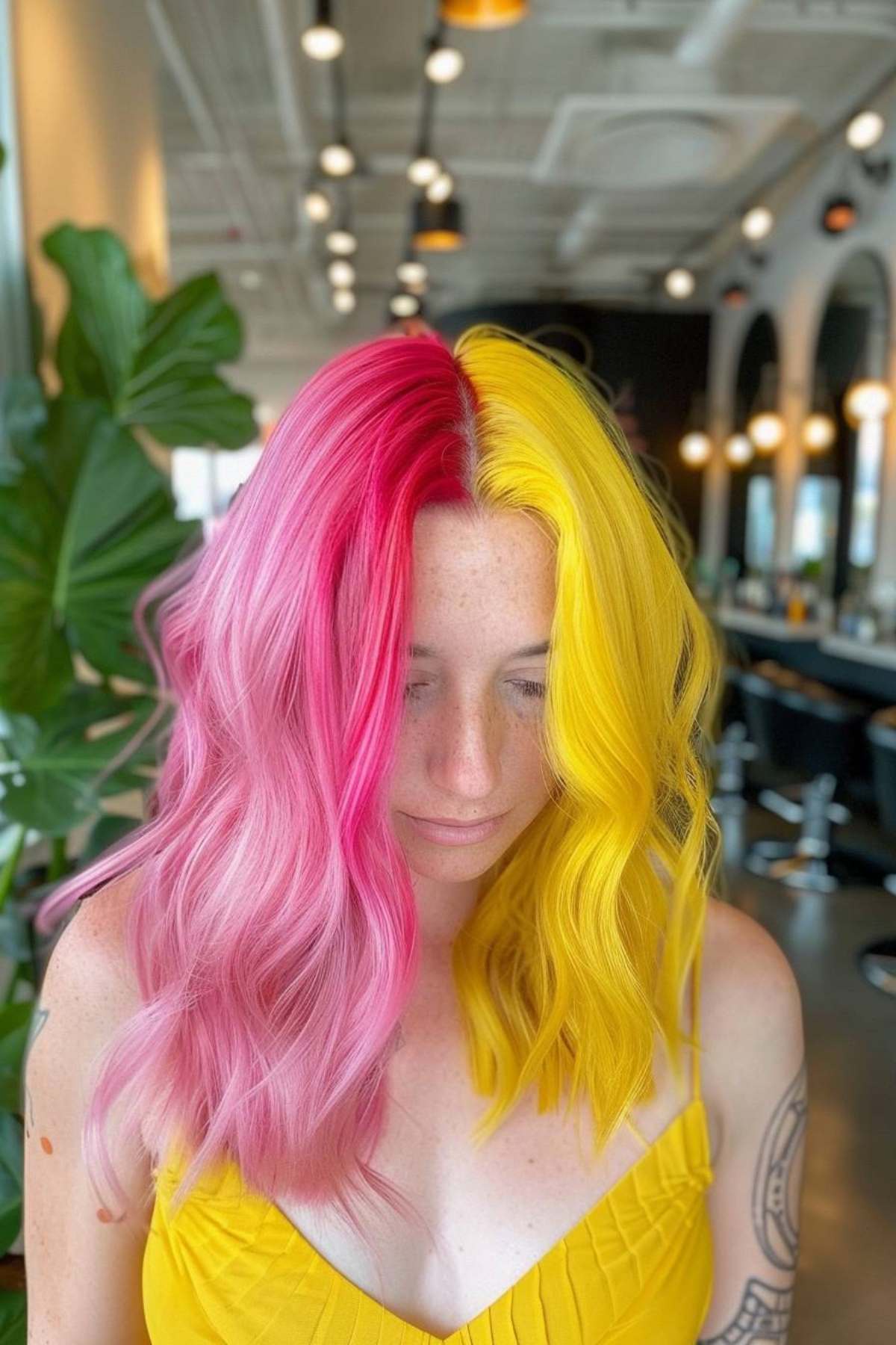 Wavy medium-length hair with a Gemini-inspired pink and yellow split dye.