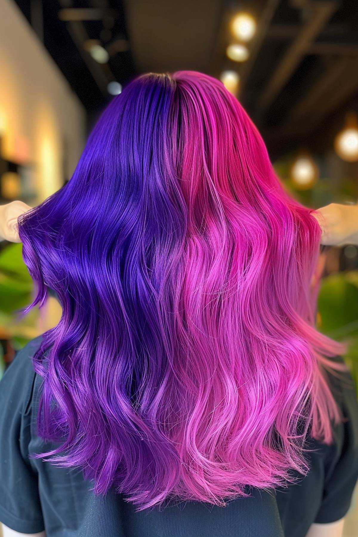 Curly hair with a stunning mix of bold pink fading to deep purple, reflecting Gemini's creativity.