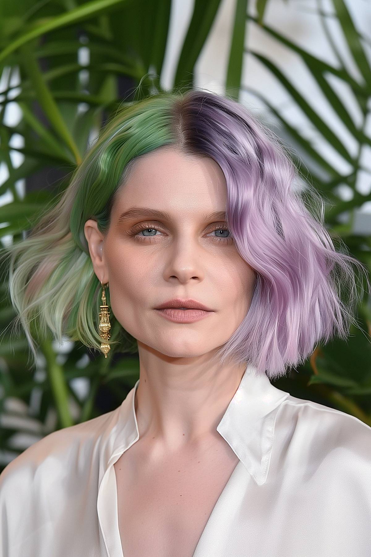 Short, wavy hairstyle combining soft green and lavender for a soft, Gemini-inspired look.