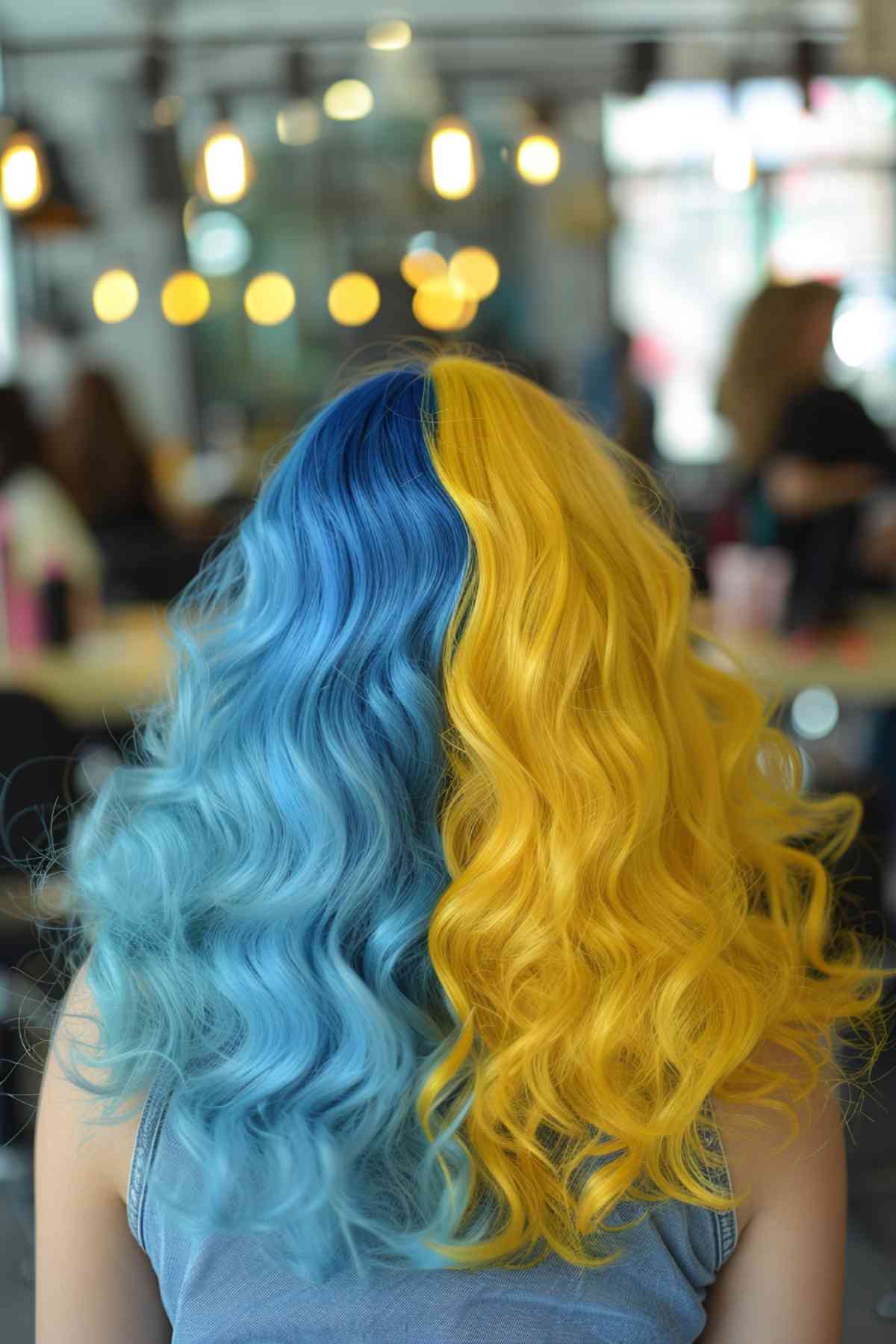 Shoulder-length curly hair with a yellow to blue ombre, adding volume and softening the angles of the face.