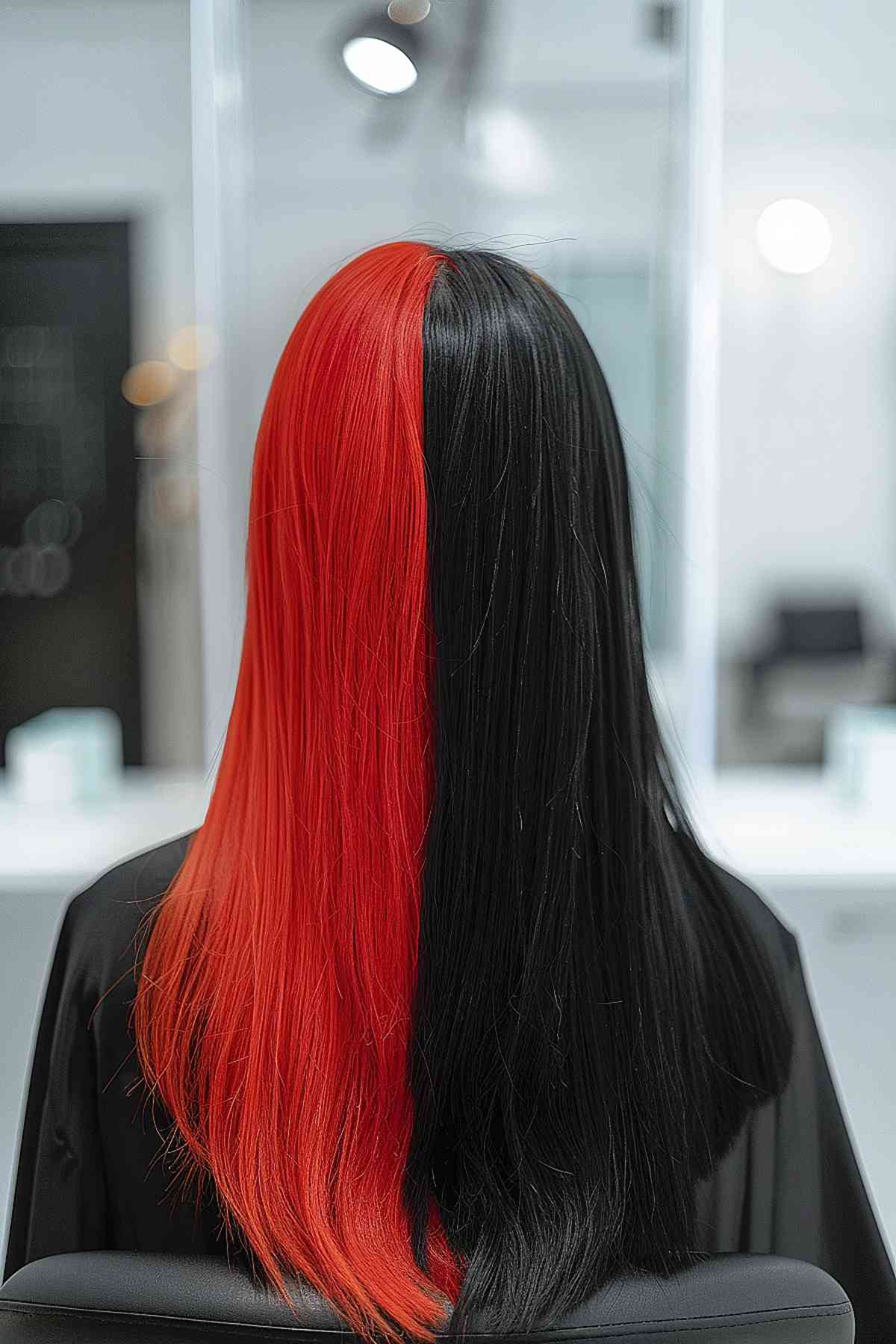 Long, sleek hair with a striking red and black parting, illustrating Gemini's spirit of duality.