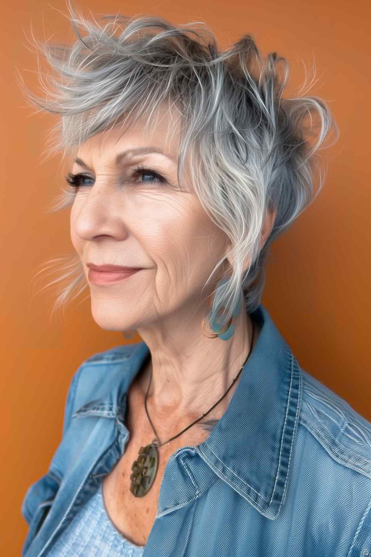 A woman of a certain age sports an elegant mullet cut with fashionable bangs and voluminous silver gradients for a bold, easy-to-maintain look.