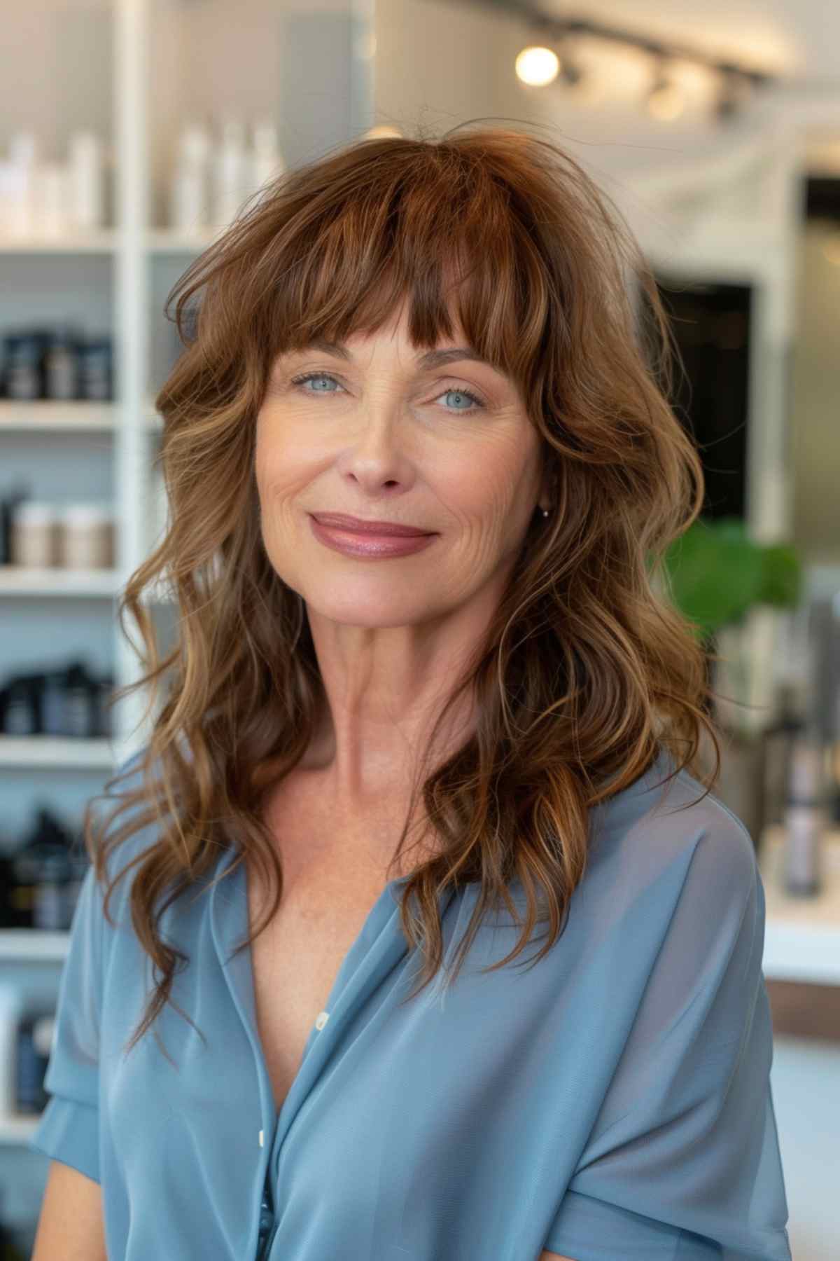 A smiling woman with layered wavy hair complemented by wide bangs, creating a dynamic, flattering style for heart-shaped faces. 