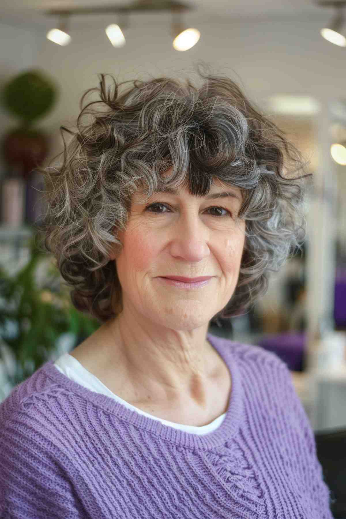 A woman of a certain age sports a curly shaggy cut with playful bangs, highlighting her natural curls for a voluminous, textured hairstyle.