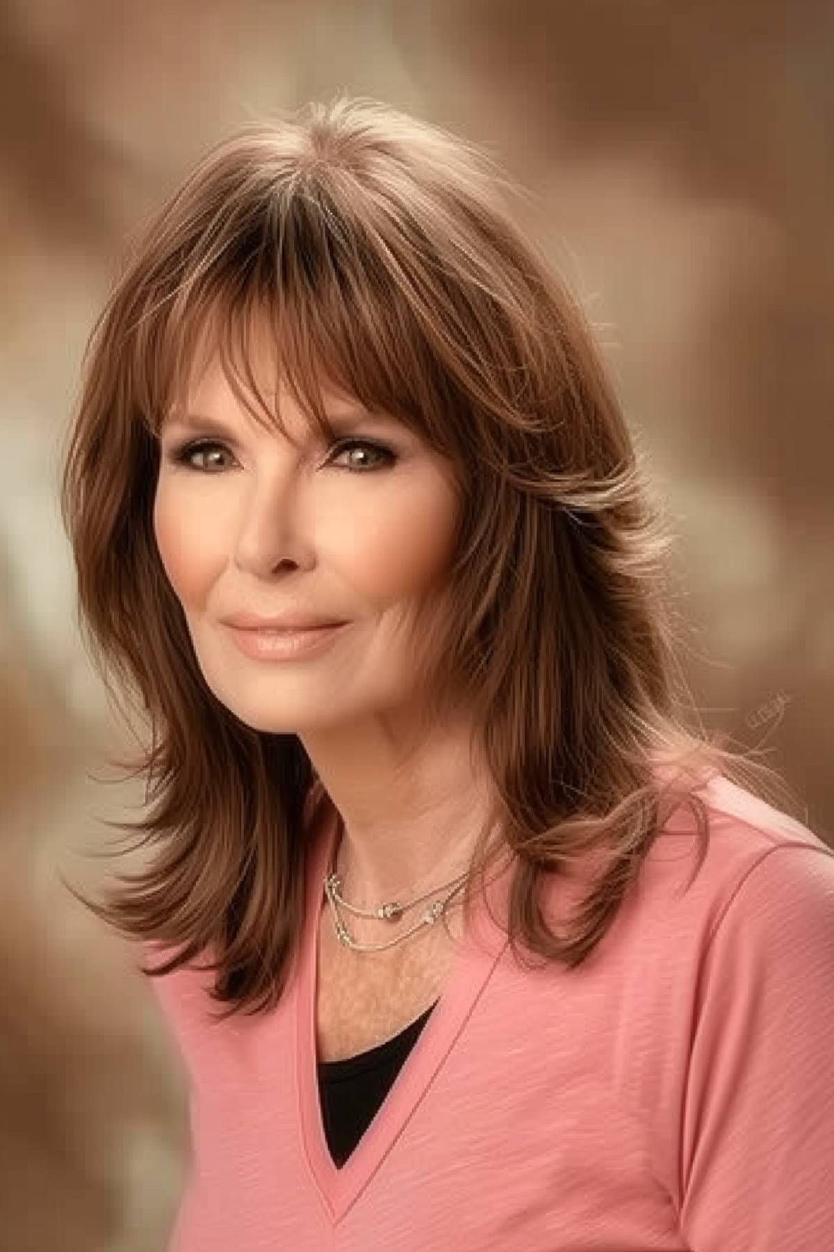     Side profile of a woman over 50 with a layered cut and feathered fringe, gently framing the face.