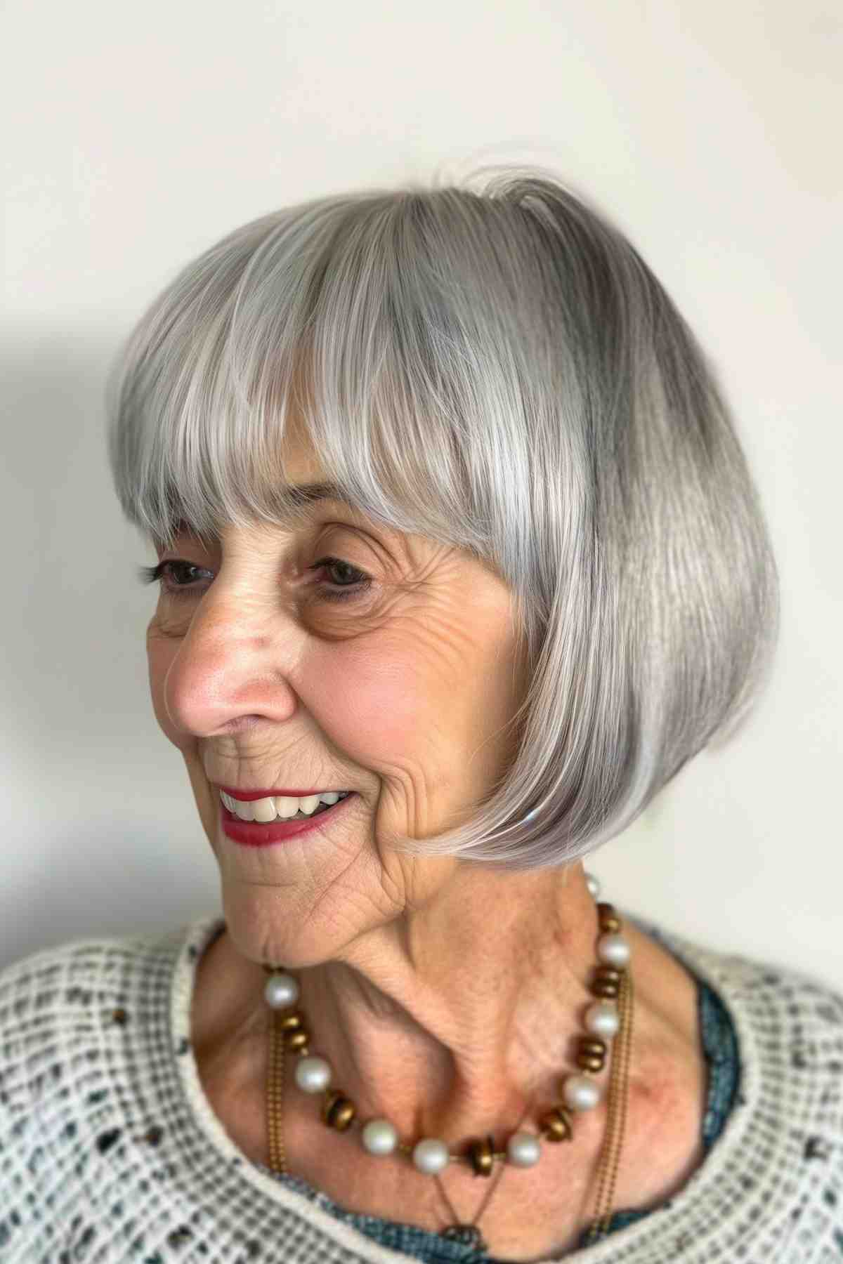 An elegant woman of a certain age with a structured bob and soft fringe for added volume.