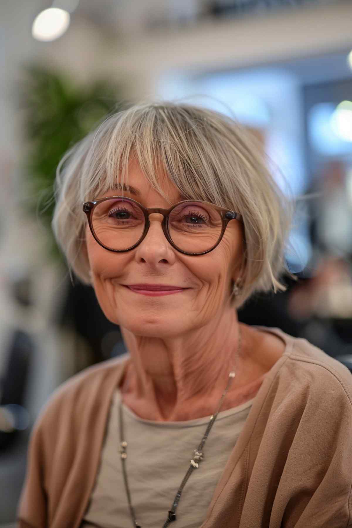 Woman over 70 wearing glasses, with a feathered haircut that offers a graceful, elegant appearance.