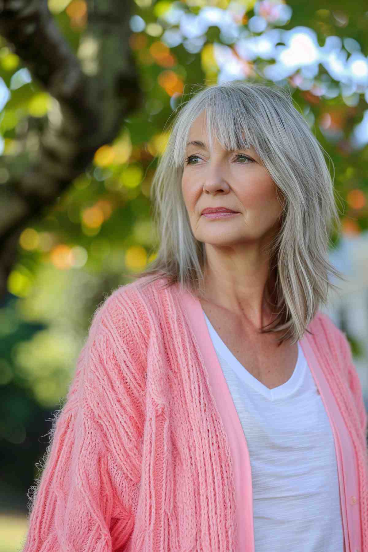 Woman with a short shoulder-length cut and straight bangs, ideal for accentuating cheekbones and balancing facial proportions.