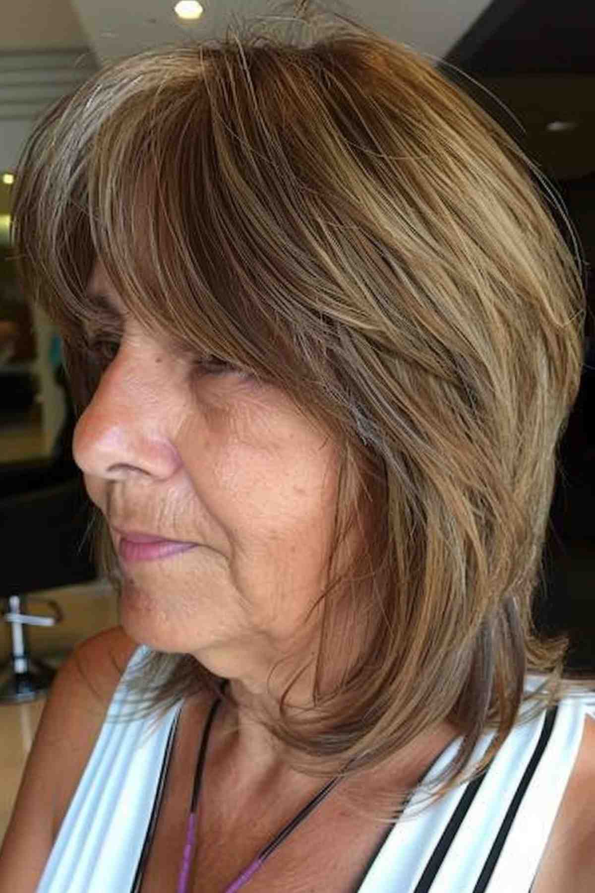 Thick-haired woman with a layered cut and side bangs that blend gracefully into the hairstyle.