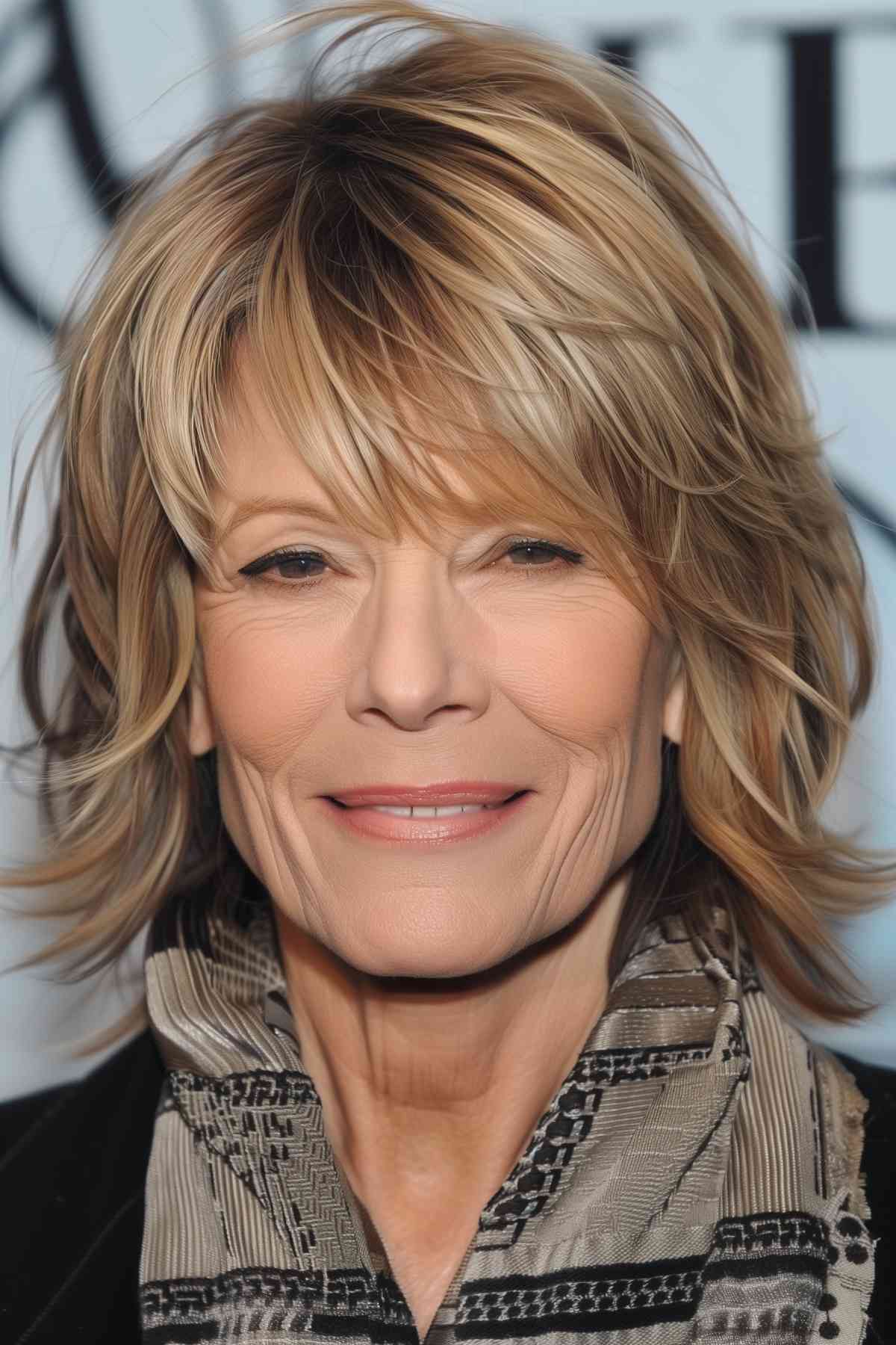 Middle-aged woman with a layered haircut and bangs angled slightly to the side, creating a flowing, flattering look.