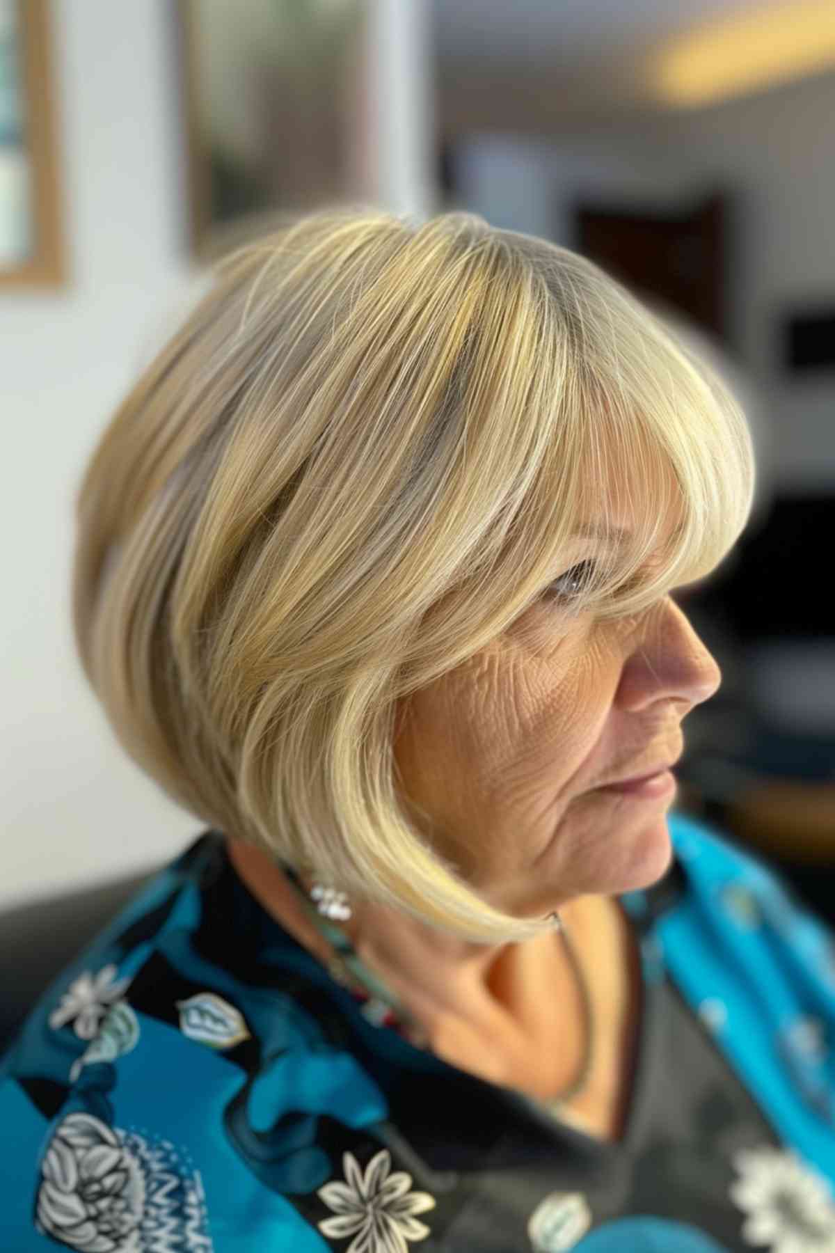 A fashion-forward woman with an angular bob and contemporary fringe, creating an elegant hairstyle that frames the face.