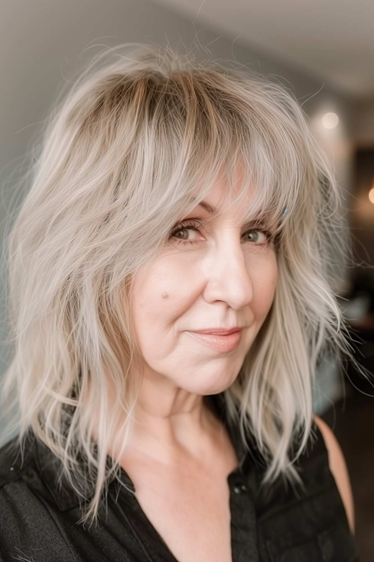 Middle-aged woman with a shaggy haircut and dynamic bangs that add a lively, textured look.