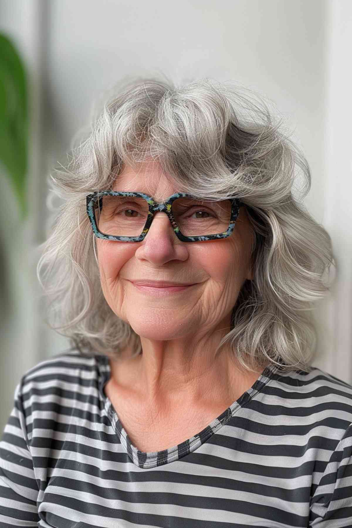 A woman with a square face, softened by a textured hairstyle with light, wispy bangs that highlight her features.