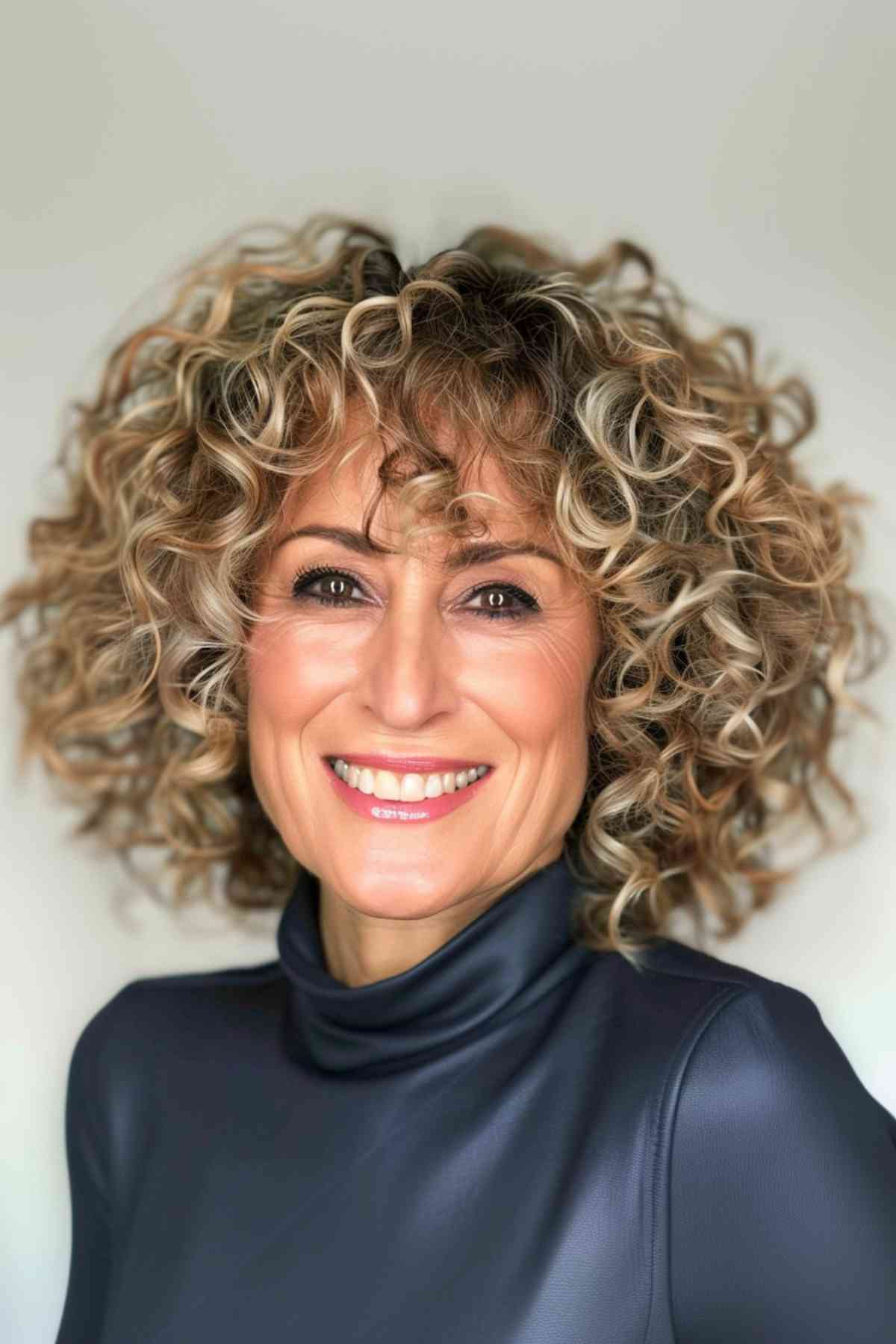 A cheerful middle-aged woman with a head full of playful curls and bangs that frame the face, exuding joyful energy.