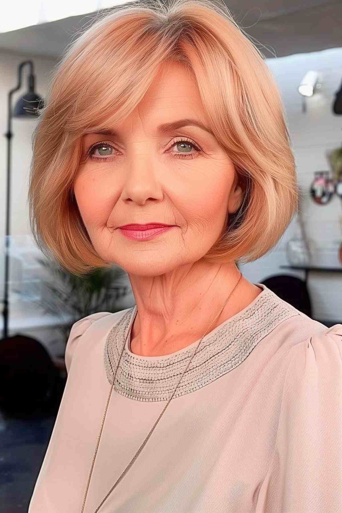 A smiling older woman with side-swept bangs and a bobbed haircut, creating a look of timeless elegance and grace.