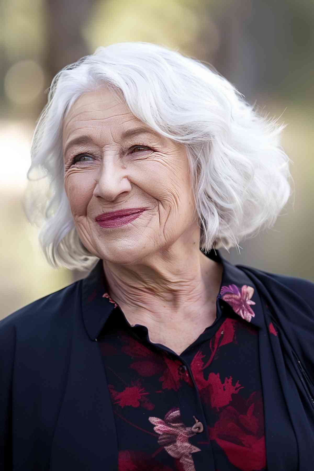 A graceful middle-aged woman with an elegant bob haircut complemented by subtle fringe, enhancing a classic, well-groomed look.