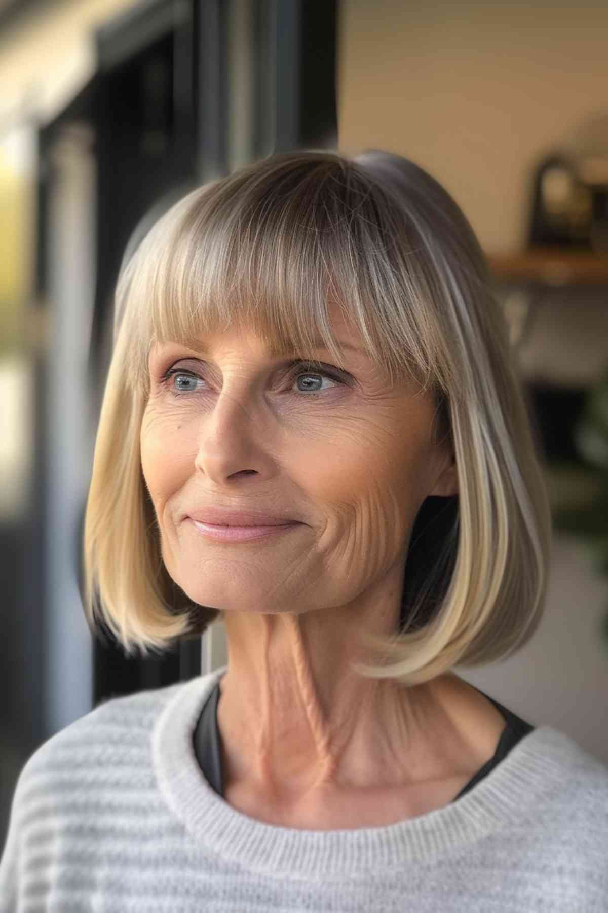 Mature woman with smooth, straight bangs and a sleek bob, giving a modern, elegant touch.