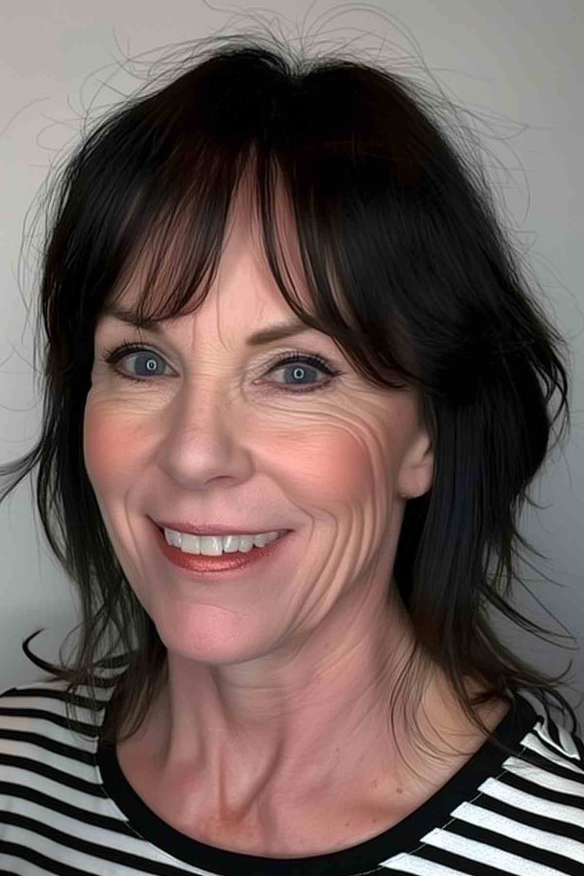 Smiling woman with voluminous bangs and blow-dry, giving off a youthful impression.