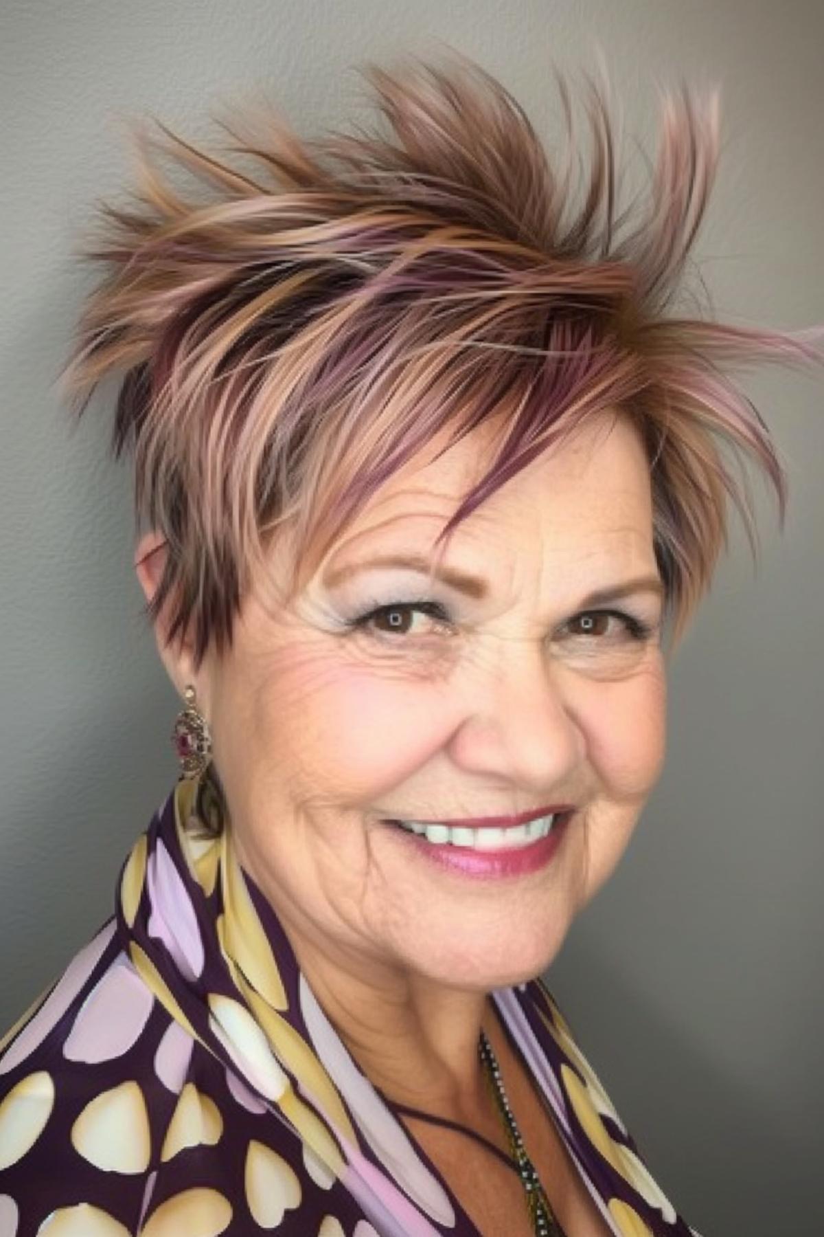 A middle-aged woman with a pixie cut and bold, textured bangs with purple highlights.