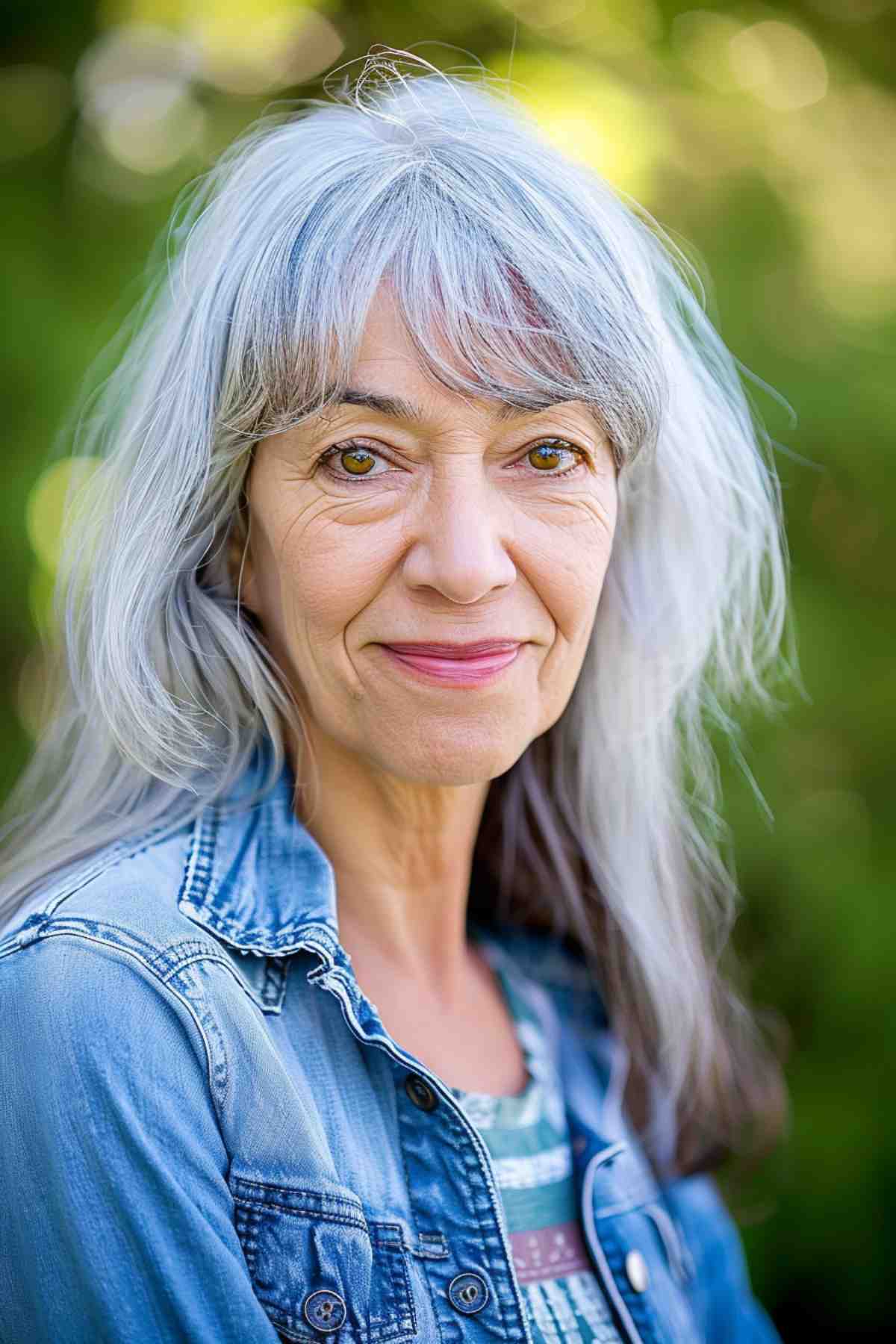 Mature woman with mid-length silver hair and wavy bangs, highlighting a heart-shaped face and natural hair texture.