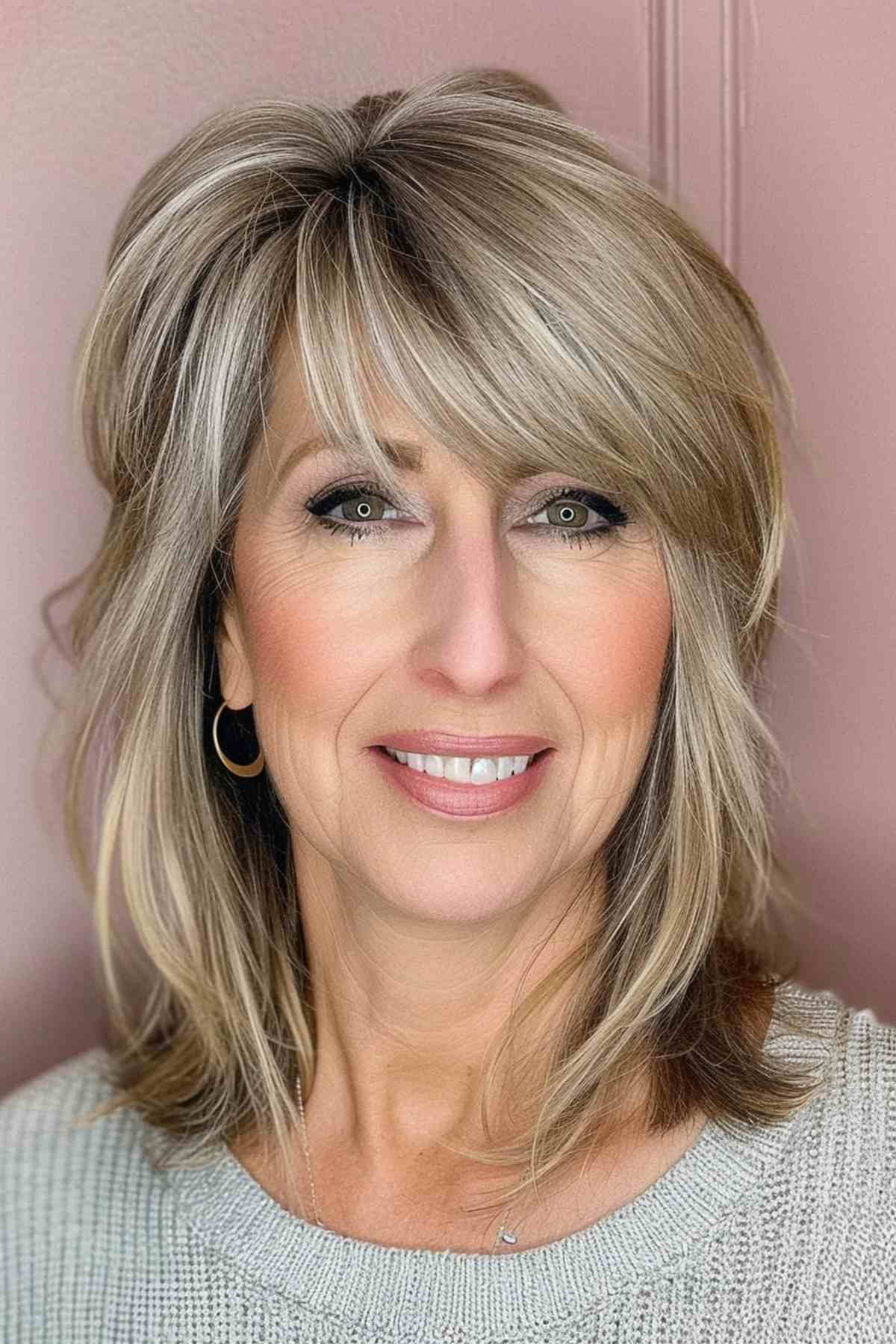 Smiling middle-aged woman with soft, layered bangs that blend into a mid-length hairstyle with natural highlights.