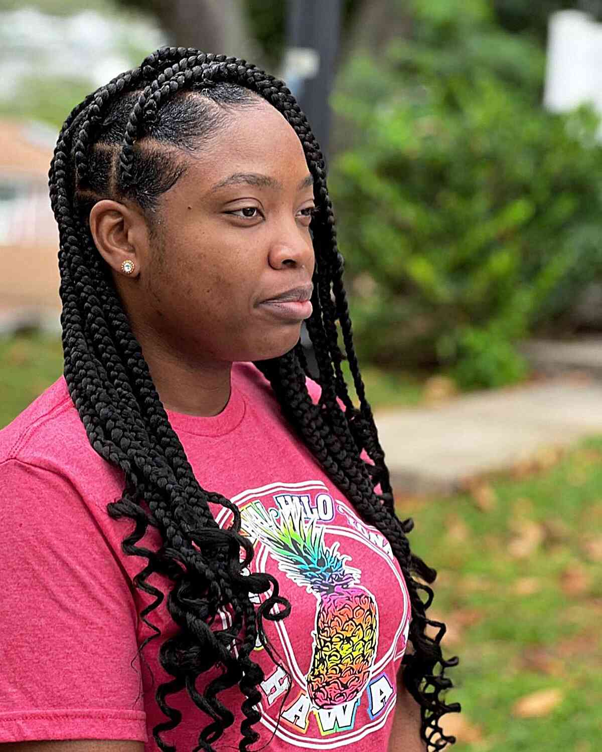 Knotless wide braids with curly ends, chest length, for black women