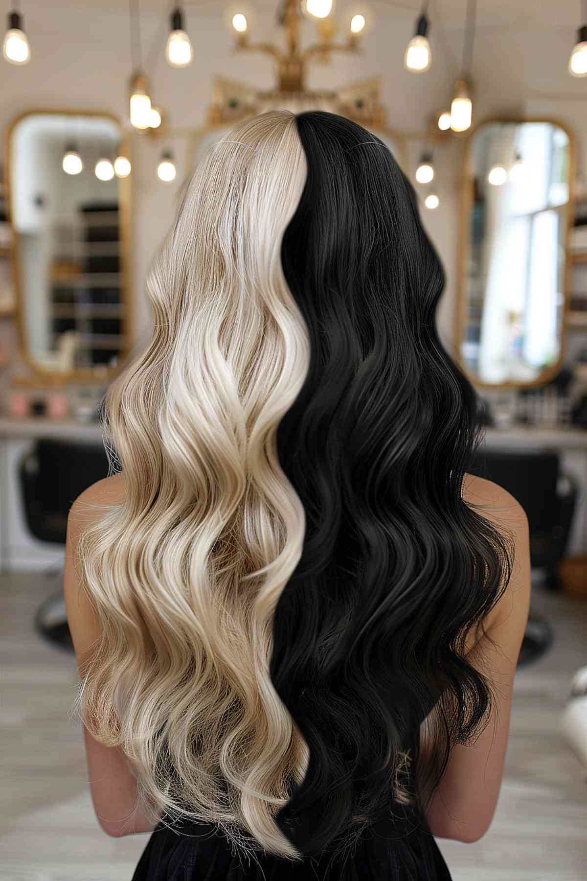 Two-toned, waist-length black and blonde hair, ideal for creating contrast and complementing angular features.